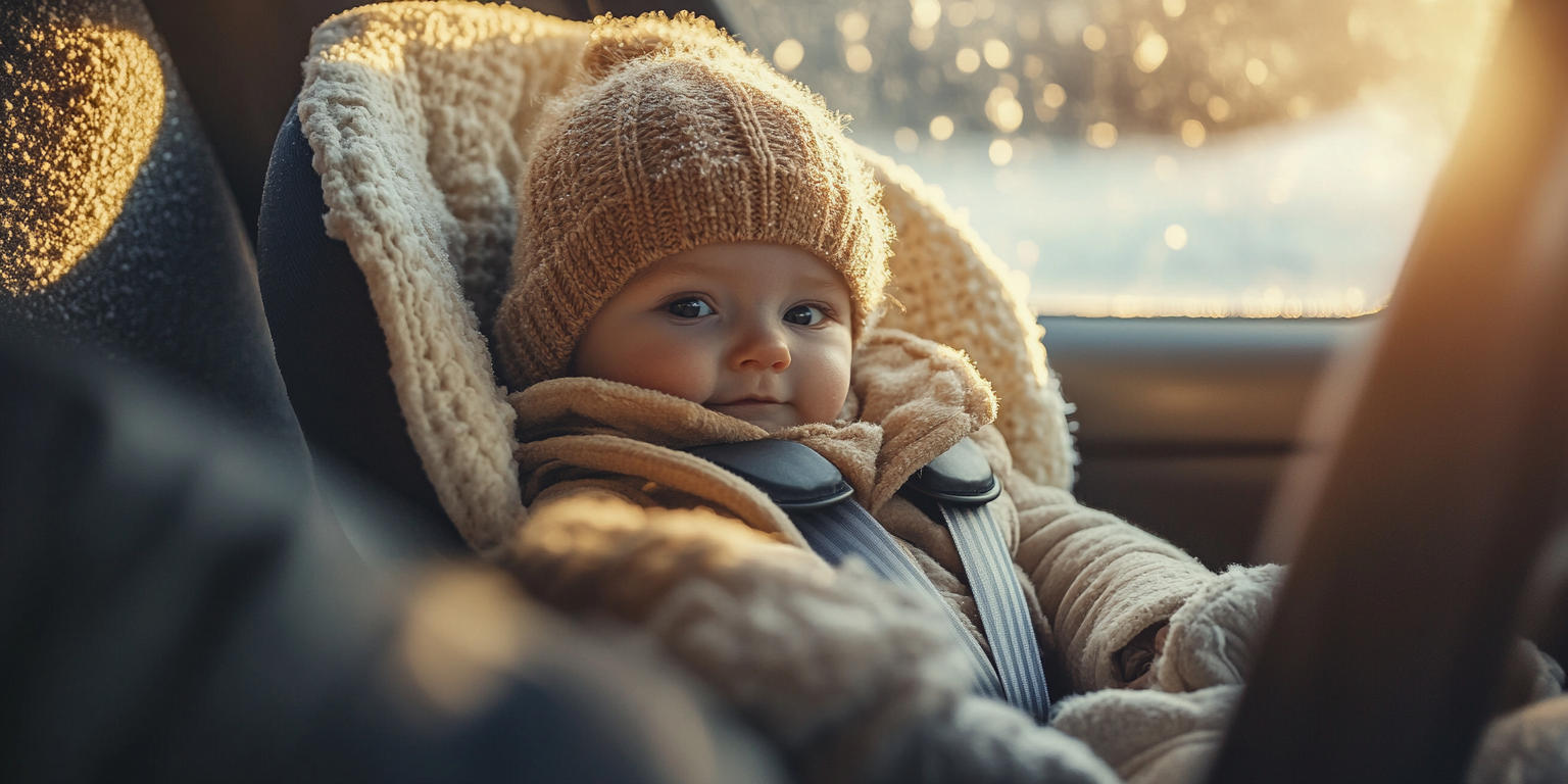 Infant in rear-facing seat, fleece layers; blanket placed over harness